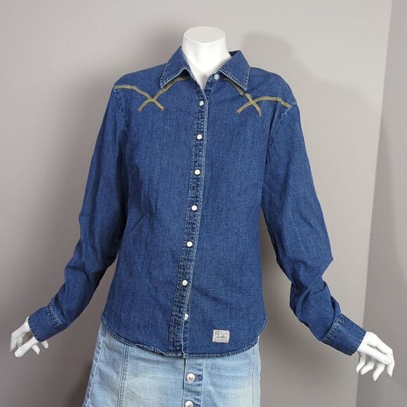 Levis blue stretch denim snap button shirt size medium. - Picture 1 of 7